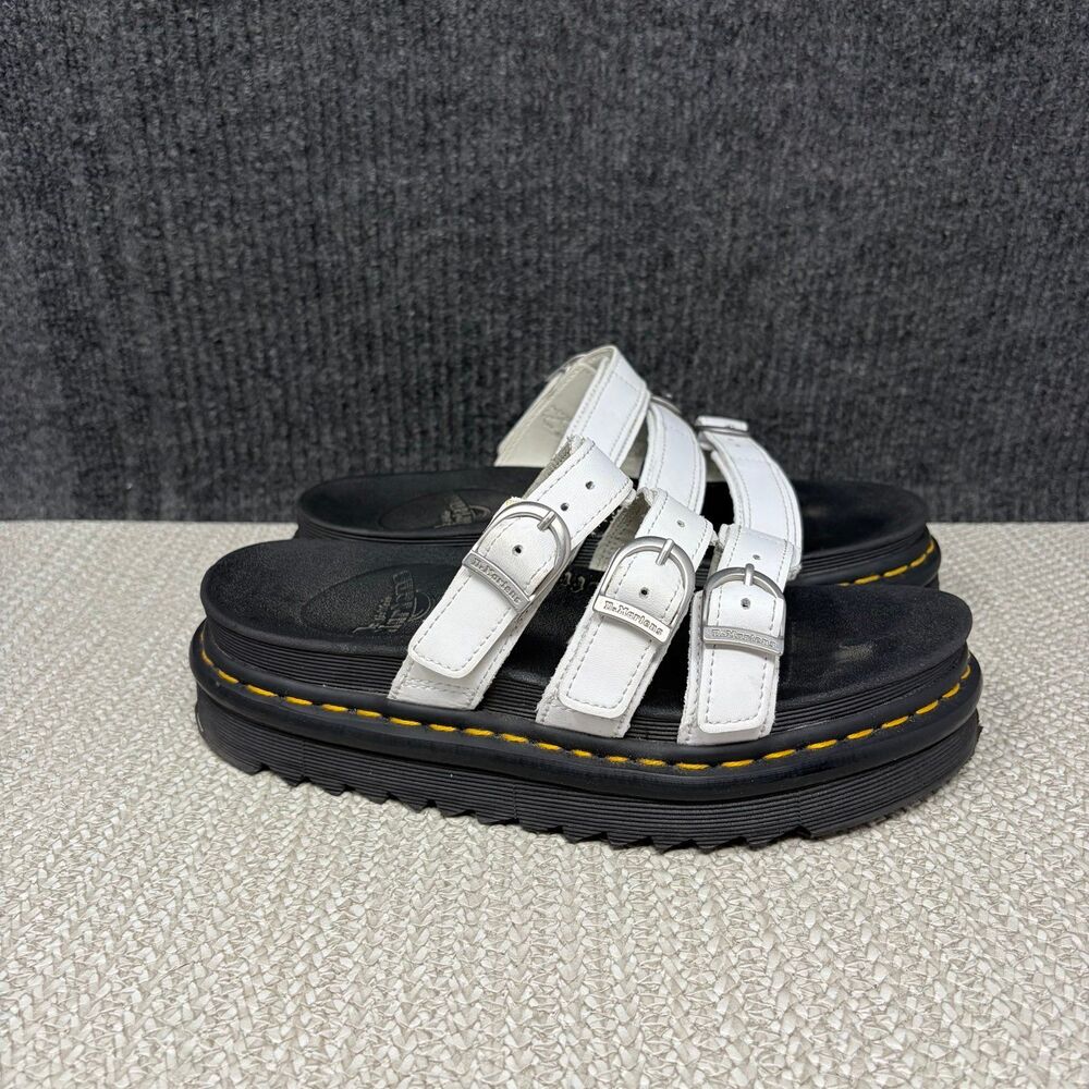 Dr. Martens Blaire Slide Sandals White Black Leather Strappy Buckle Women’s 7